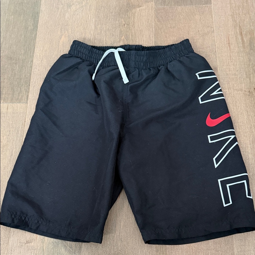 Nike Black Shorts with Red Logo and White Drawstring